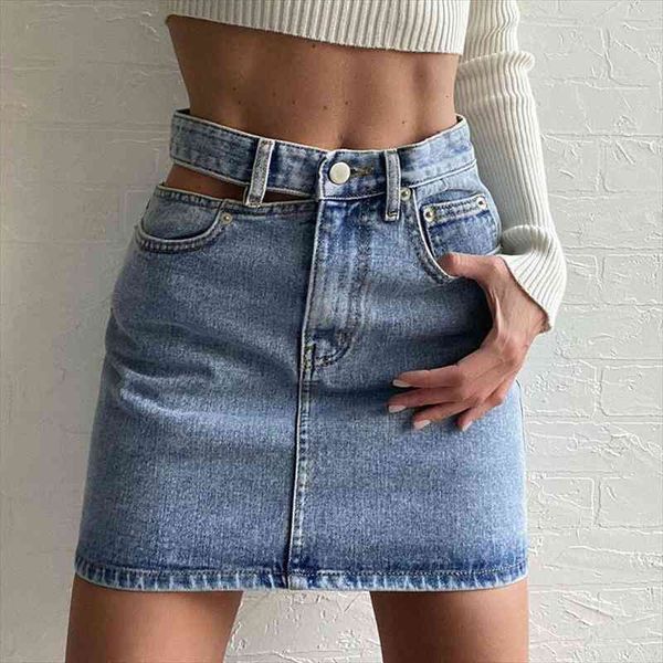 

hollow washed denim skirt woman high waist asymmetric button short skirt female fashionable streetwear summer skirts, Black
