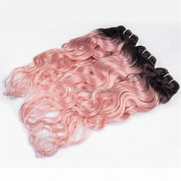 

brazilian virgin human hair weaves dark root pink hair extension deep wave human hair bundles two tone human weaves 3pcs lot, Black;brown