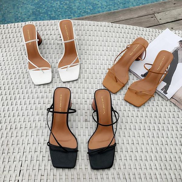 

sandals 2021 wood heel slipper women's vintage square toe narrow band high women summer shoes, Black
