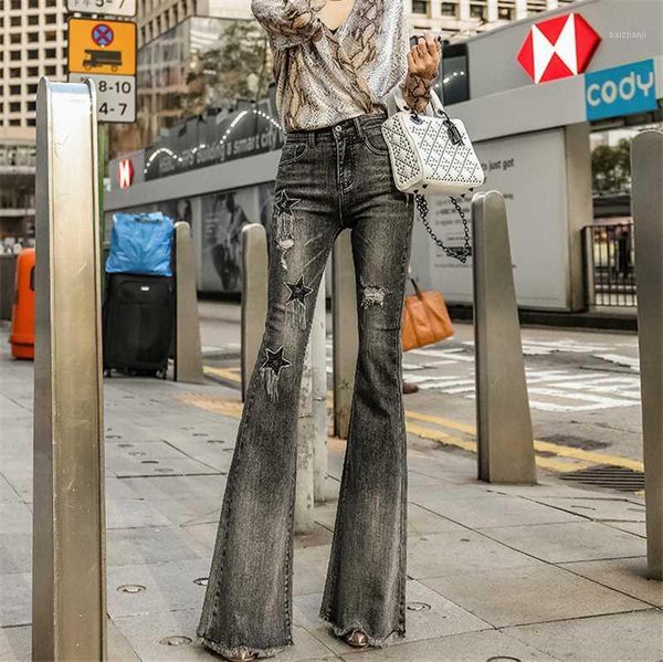 

women jeans high waist black slim pants 2019 new spring fashion female vintage denim star trousers steetwear loose flare pants1, Blue