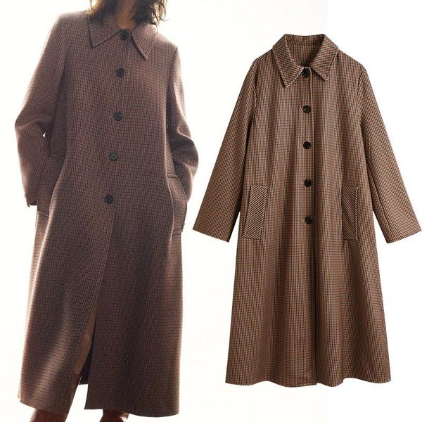 

women's trench coats 2021 spring autumn houndstooth coat elegant outerwear for women turndown collar gray winter windbreaker, Tan;black