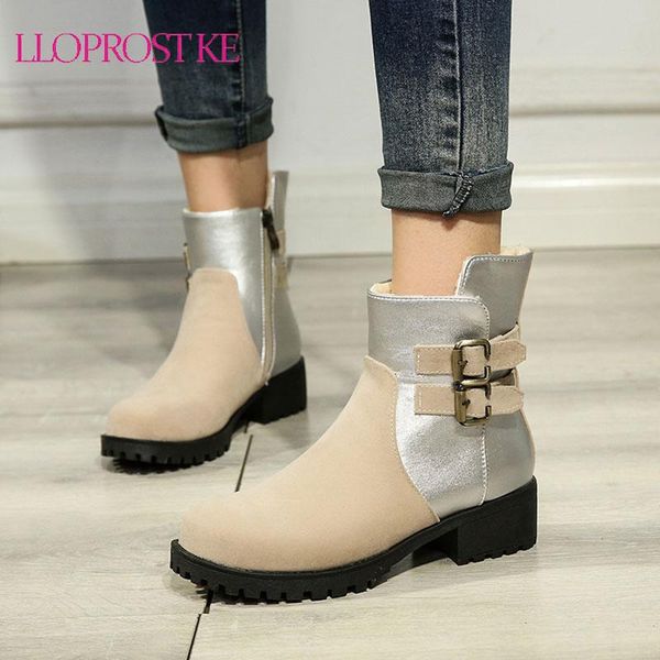 

boots lloprost ke warm fur women platform chunky heels flock boot woman female buckle zipper winter snow shoes ladies, Black