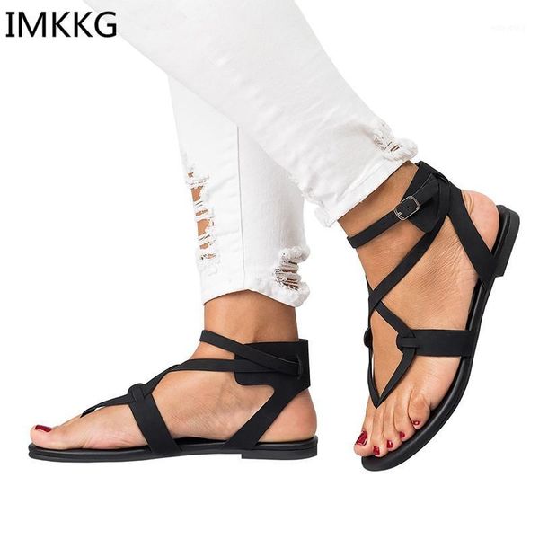 

imkkg 2018 shoes woman summer shoes female casual flat heels ankle strap women sandals plus size 42 43 m1401, Black