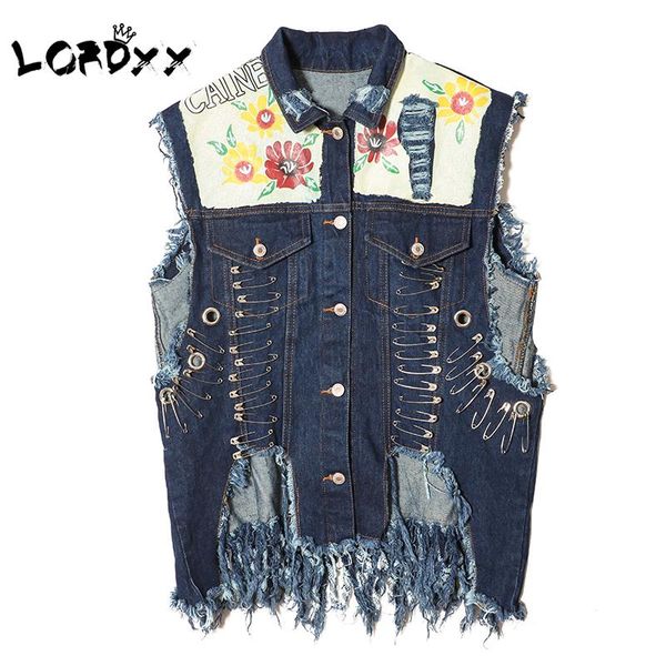 

lordxx denim vest women spring casual printing tassel rough selvedge gilet femme punk hole vintage pins loose vests waistcoat, Black;white