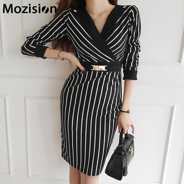 

mozision stripe patchwork dress for women v neck slim mid-length pullover dresses office lady elegant belted lace-up dress, Black;gray