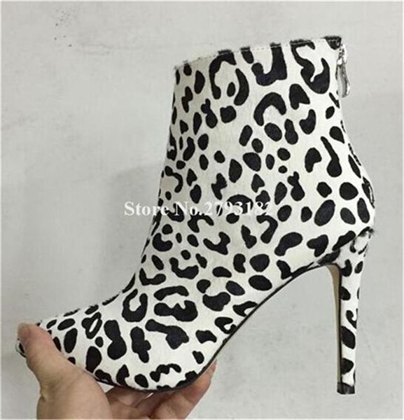 

boots women fashion pointed toe white leopard suede leather thin heel short zipper-up high ankle club pumps, Black