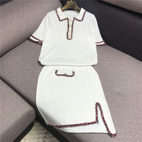 

luxury designer brand women's knitted sets for women tweed stitching knitted irregular knitted skirt 2pcs set black white t200702