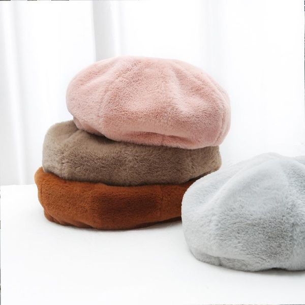 

berets 1 pc autumn winter warm ladies beret classic vintage pure color plush hat female sweet outdoor street bonnet, Blue;gray
