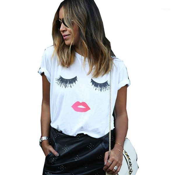 

summer style red eyelashes lips print t-shirt female straight dress t-shirt female new fashion large size quality1, White