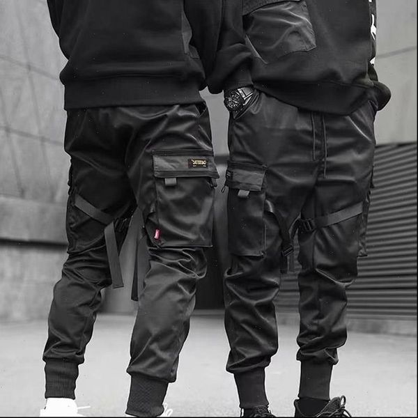 

new fashion men cargo pants ribbons joggers harajuku casual sweatpant pants hip hop trousers trendy casual youth 3xl, Black