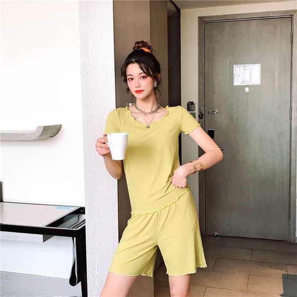 

pajamas summer new style (short sleeve + shorts) suit female pijamas two-piece set thin loose wooden ears home service simple1, Black;red