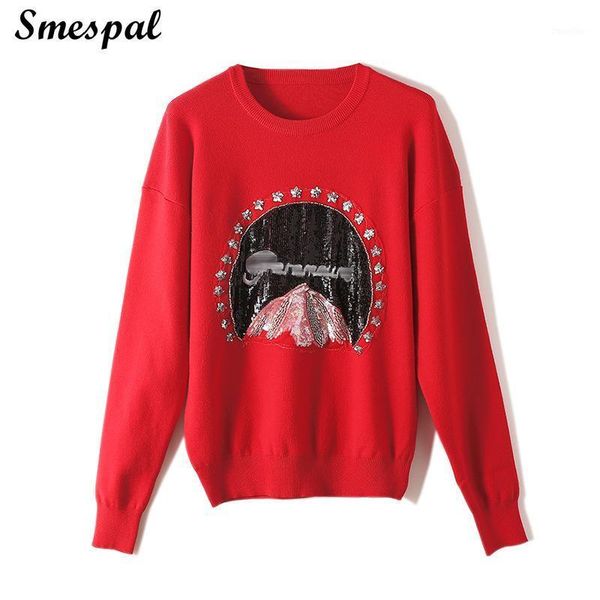 

women knit sweaters in red for autumn winter ladies casual pullovers with sequins1, White;black