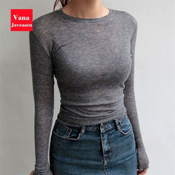 Slim Plain Camiseta Mulheres Tees Tops Casual Feminino Manga Longa Sexy Fino T-shirt Mulheres Elásticas Algodão Básico Ver Através Camisetas 220226