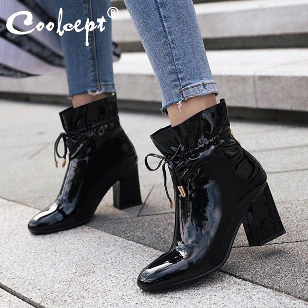 

coolcept plus size 33-46 ankle boots for women fashion ruffles office winter shoes women high heels zipper casual short boots, Black
