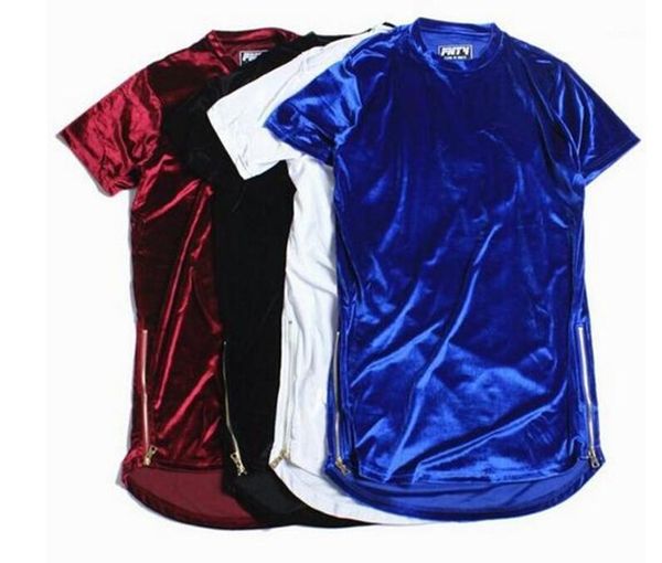 

men's t-shirts fashion hight street men extended shirt velour mens hip hop longline t shirts golden side zipper velvet curved hem tee1, White;black