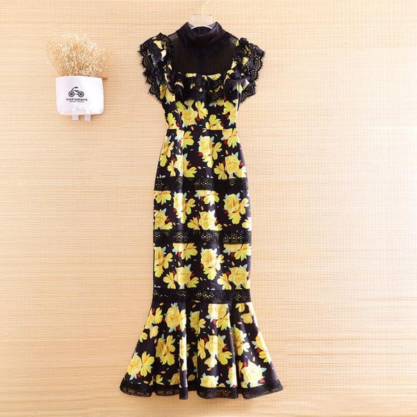 

high-end summer 2020 women print lace o-neck a-line slim elgant lady floral party mermaid dress s-xl1, Black;gray
