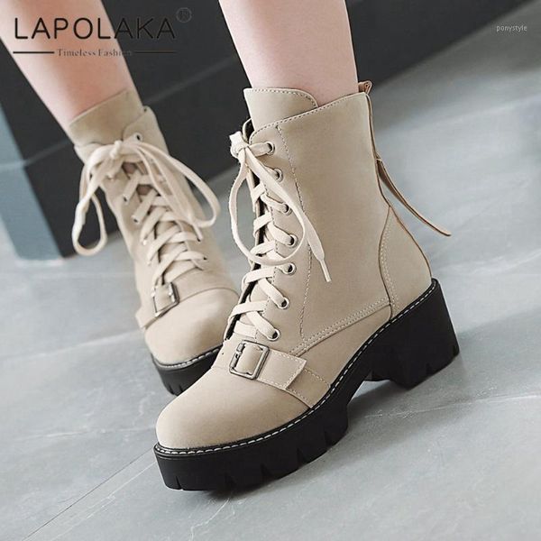 

boots lapolaka 2021 design comfy chunky heels skidproof cross-tied autunm women shoes buckle decoration office bootie lady1, Black