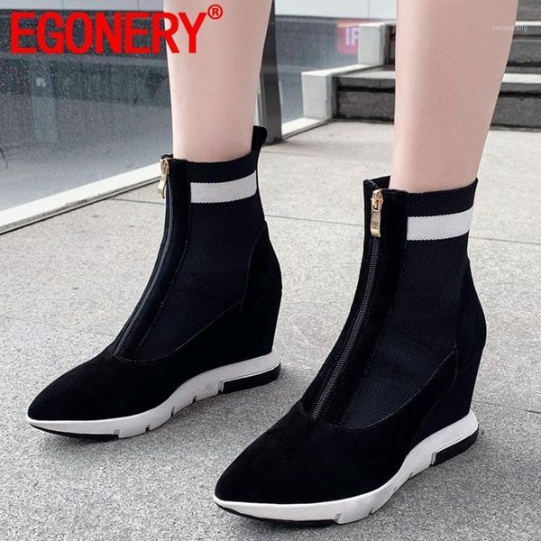 

egonery woman shoes 2020 spring new fashion cow suede front zip ankle boots outside super high heels platform ladies shoes1, Black
