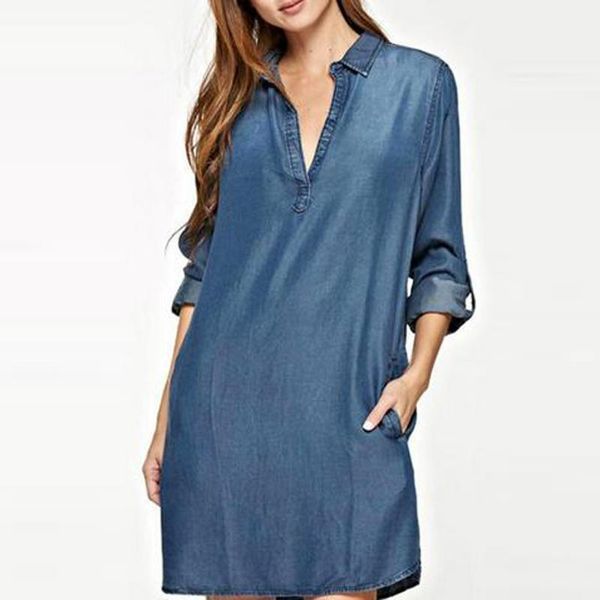 

s-5xl women fashion deep v neck plunge denim blue jean look fold sleeve turn down collared mini shirt dress vestido plus, Black;gray