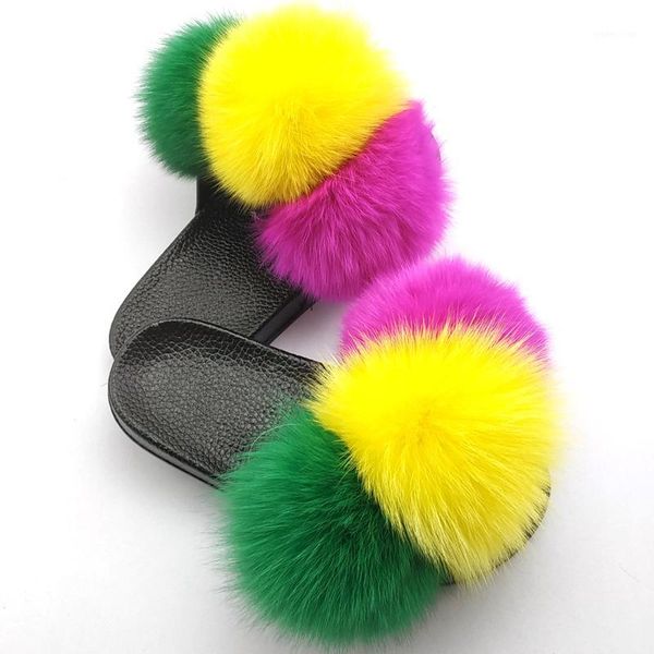 

summer kids fur slippers fluffy raccoon fur slides furry real flip flops flat children rainbow shoes girls sandals1, Black;grey
