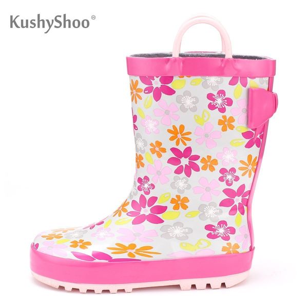 

kushyshoo children' rubber boots girl cute flower printed with handles rain boots kids footwear for children kalosze dla dzieci q1216, Black;grey