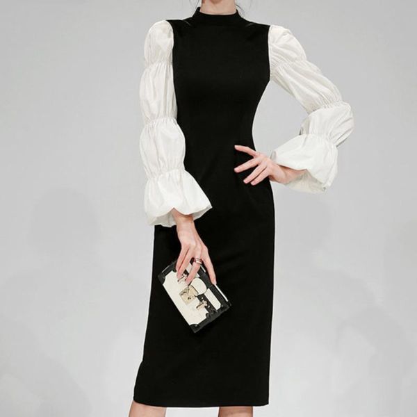 

ewq] 2020 autumn office lady elegante new casual round neck long puff sleeve patchwork minimalist slim sleath dress 8d690, Black;gray