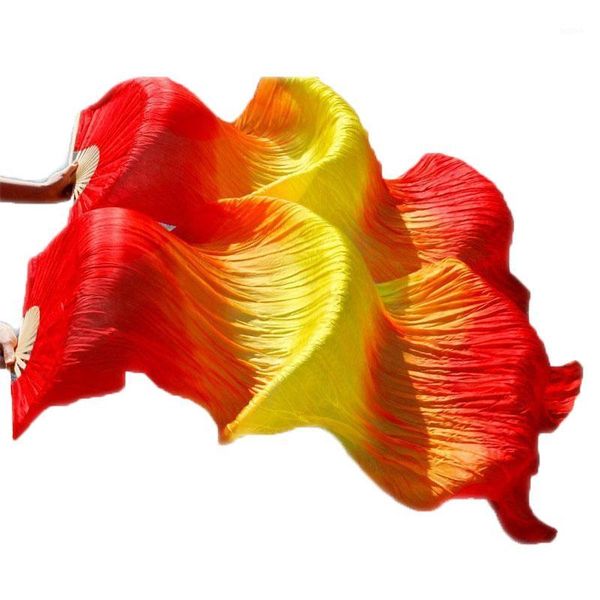 

women 1.8m hand made belly dance silk fan veils strong bamboo fire color red yellow red1, Black;red