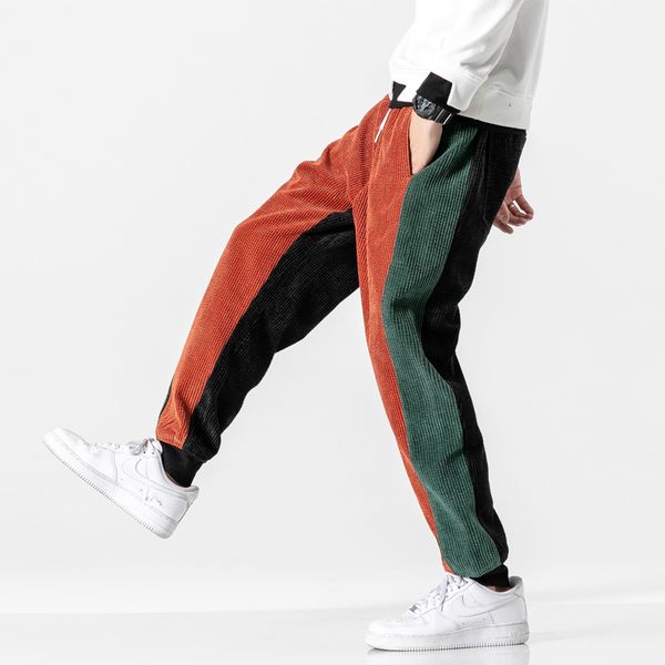 

men's corduroy fabric casual pants loose haren pants active elastic trousers orange/black joggers sweatpants big size m-5xl 201106