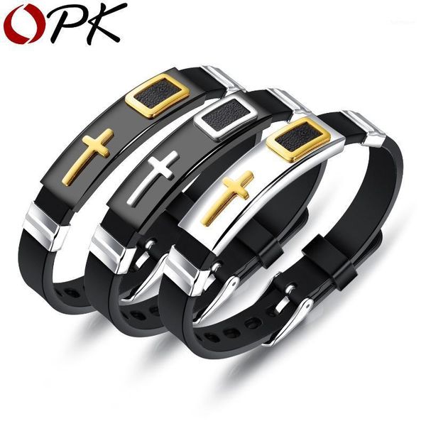 

opk punk cross bracelet for men length 18-20cm silicone strap band stainless steel black/ gold color male wrap bracelets ph12471, Golden;silver