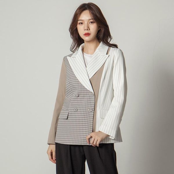 

fashion tide autumn new pattern casual stitching striped long sleeve fashion trend blazer female double breasted notched ai935, White;black