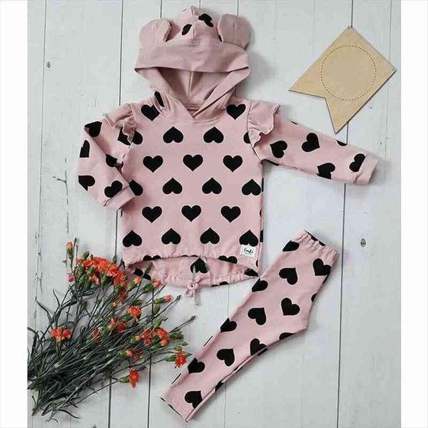 

spring autumn toddler kids baby girl clothes set printed heart hooded hoodies ear pullover trousers pants clothes 1-5y, White