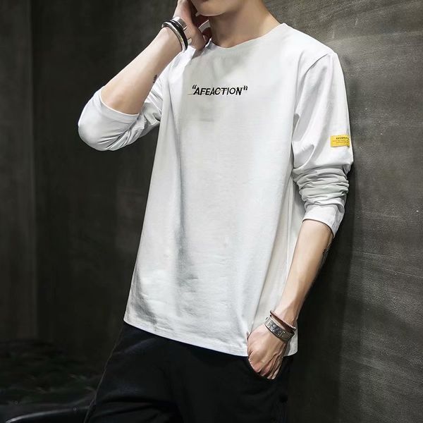 

2020 autumn new long sleeve men's elastic pullover round neck t-shirt bottoming trend, White;black
