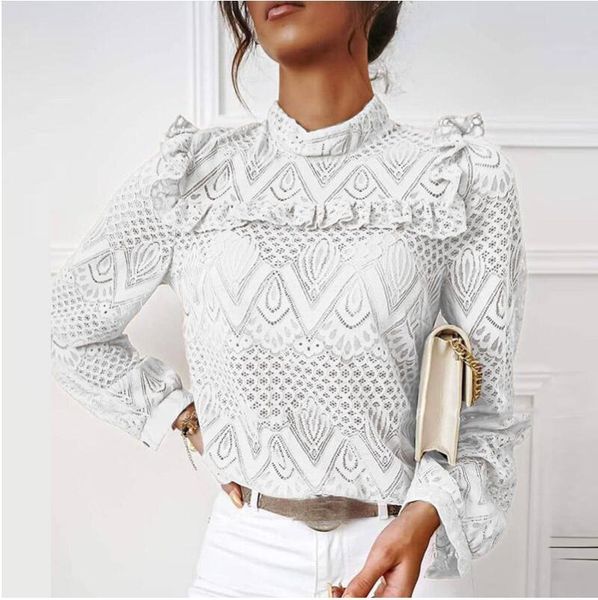 

office lady blouse shirt women elegant ruffle 2020 autumn long sleeve lace hollow out o-neck embroidery blusa pullover, White