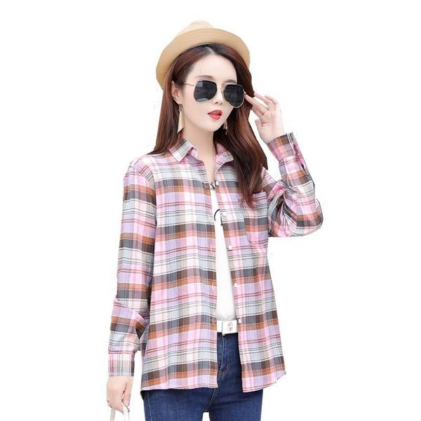 

fashion ldies plaid shirt long sleeve women casual plus size pure cotton flannel blouse women's shirts -xxxl kg-87, White