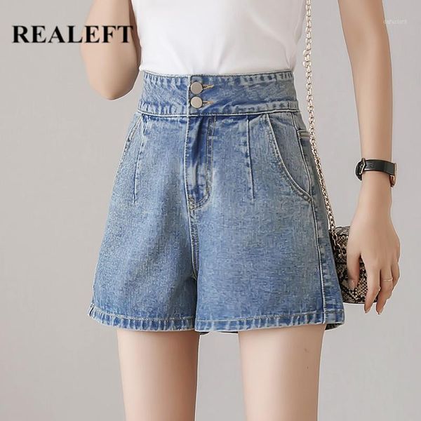 

realeft 2020 new spring summer casual denim shorts pants high waist korean style wide leg jeans cowboy pants female1, Blue