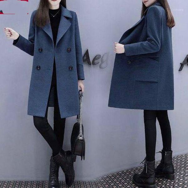 

2021 women autumn winter elegant wool jacket lady slim double breasted mid-long coat female casual loose oversize outerwear f2671, Black