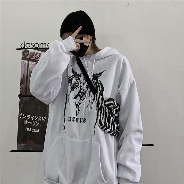 

lychee girls devil letter print women fleece hooded sweatshirts casual loose pocket female hoodies spring autumn winter lady, Black
