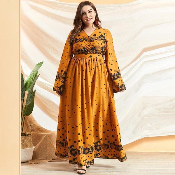 

ginger floral dots maxi dresses for women v neck long flare sleeve high waist pleated big hem bohemian dress beach party dress1, Black;gray