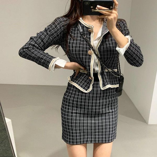 

women's tracksuits autumn tweed plaid two piece set women brand design short jacket coat + mini skirt suits knitted 2 outfits my1878, Gray