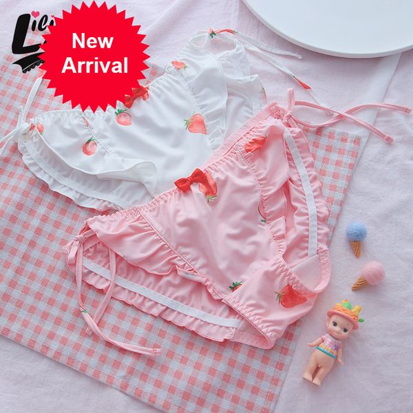 

japanese sweet kawaii underwear strawberry female mid-waist super soft beautiful women's milk silk lace-up panties, Black;pink
