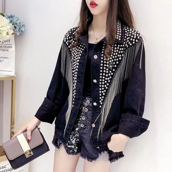 

2020 spring autumn denim jacket coat women rivet tassel chain short coats woman loose black coats long sleeve vintage outerwear, Black;brown