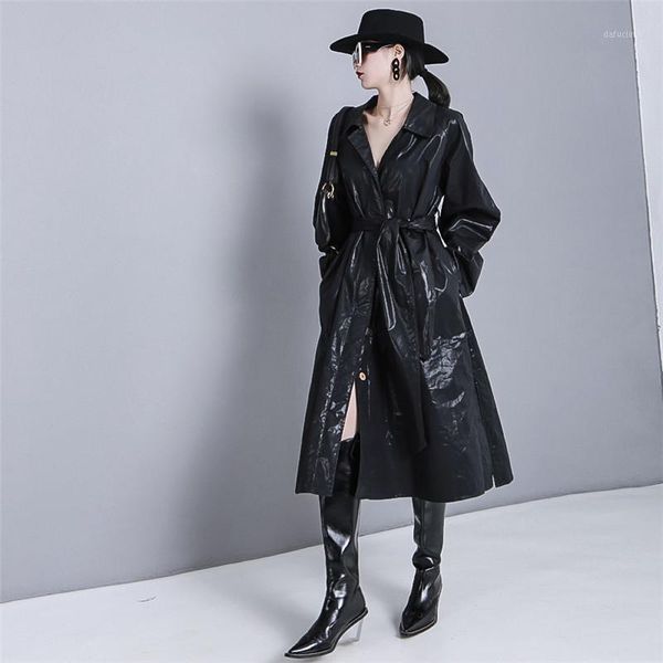 

2020 spring high street a-line women sashes clothes trench new turn-down collar bandage pockets loose female black coats1, Tan;black