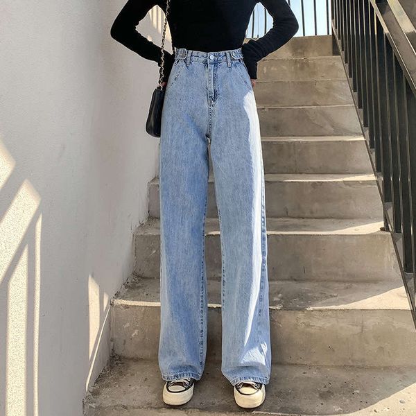 

summer thin jeans women's loose new 2020 wide leg elegant drape high waist slim straight tube floor pants, Blue
