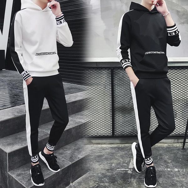 

2018 autumn new sweater suit men's simple style fashion casual loose hooded sweater pants suit1, Gray