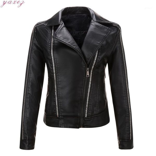 

pu leather coat turn-down collar zippers ladies faux leather jackets rivet women punk short female autumn coat motorcycle biker1, Black