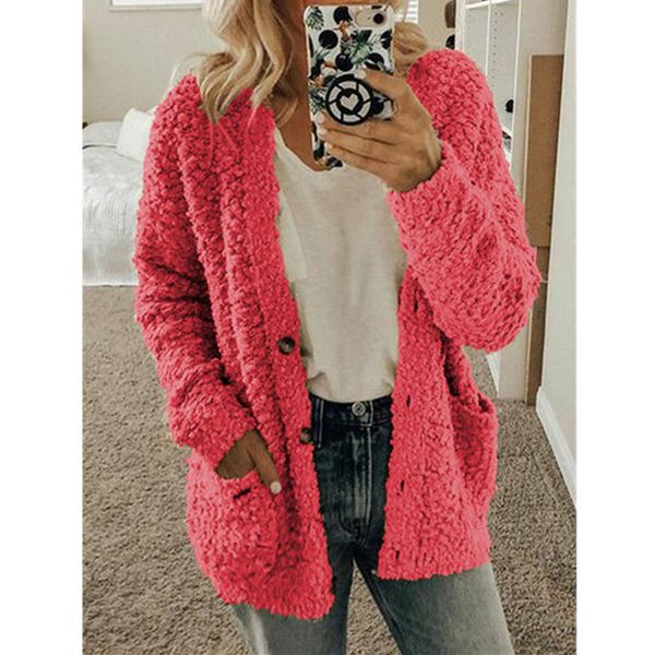 

2020 autumn winter european and american women's plus size loose lapel long sleeve wool fleece jacket cardigan solid, Black