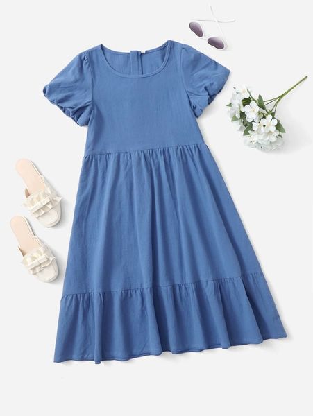 

girls puff sleeve ruffle hem dress she, Red;yellow