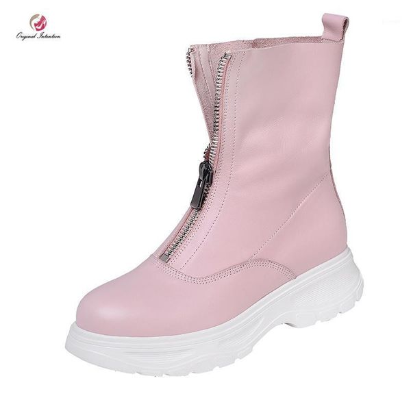 

boots original intention fashion zip woman flats round toe white high platform quality genuine leather1, Black