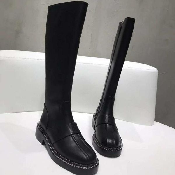 

vallu2020 winter new all-leather stitching fashion and versatile plain stretch high boots, Black