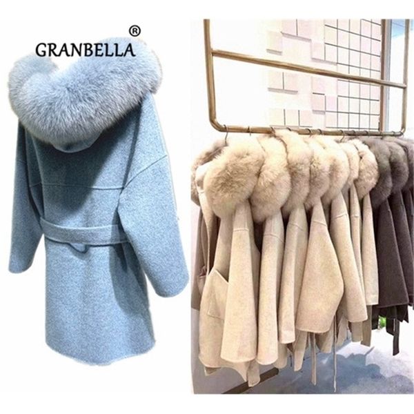 

korea style female medium long loose wool trench coat with real fox fur trim hoodie selling oversize wool cardigan cloak 201218, Black